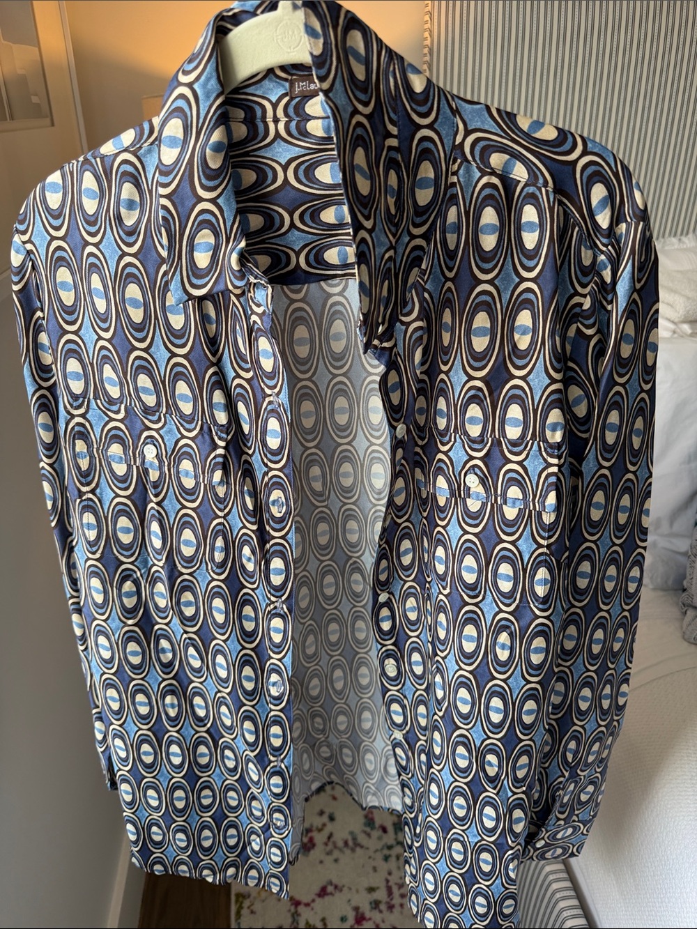J. McLaughlin Blue, Black and Cream Geometric Oval Print Button-Down Shirt